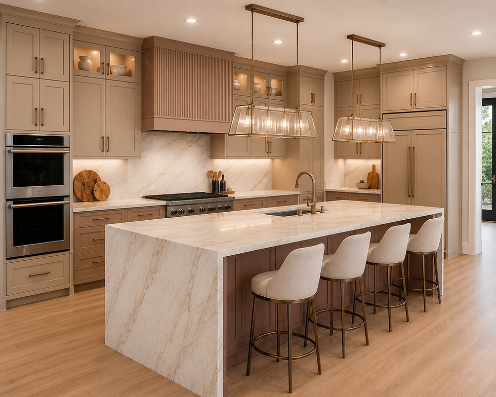 Modern kitchen with marble island and bar stools