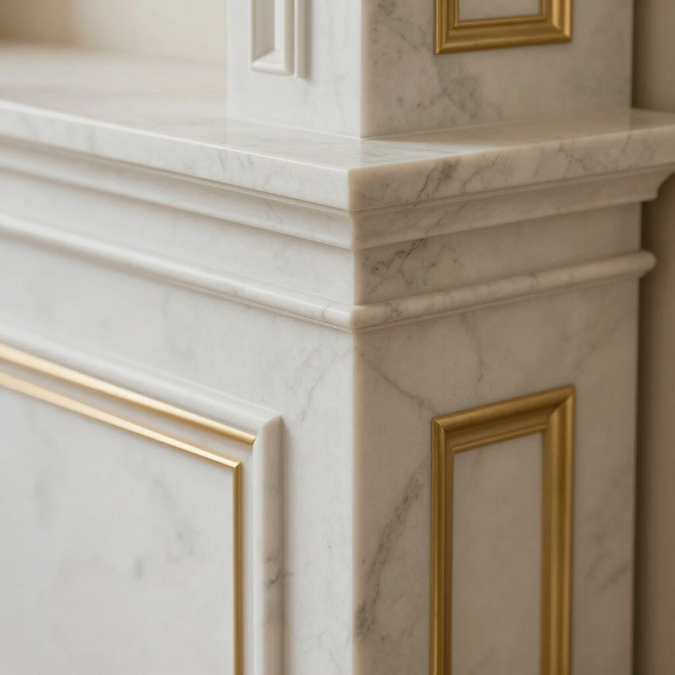 Close-up of white marble fireplace with gold trim detail