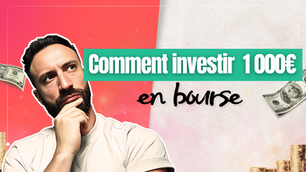 Sonny, fondateur de Seqooia, en pleine réflexion avec des billets de dollars en arrière-plan, accompagné du texte "Comment investir 1 000€ en bourse", illustrant des conseils financiers pour débuter en investissement avec un petit capital.