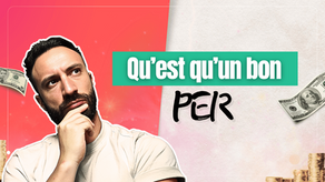 Sonny, fondateur de Seqooia, en pleine réflexion avec des billets en arrière-plan et le texte "Qu’est-ce qu’un bon PER", illustrant une analyse des critères pour choisir un Plan Épargne Retraite performant.