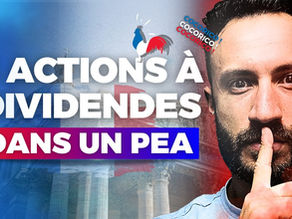 Sonny, fondateur de Seqooia, faisant un geste de silence devant un fond tricolore avec un coq bleu-blanc-rouge, à côté du texte "5 actions à dividendes dans un PEA", illustrant une sélection de titres français éligibles au Plan d'Épargne en Actions.