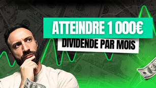 Sonny, fondateur de Seqooia, en pleine réflexion sur fond de billets et de courbe verte ascendante, accompagné du texte "Atteindre 1 000€ dividende par mois", illustrant une stratégie d’investissement pour générer des revenus passifs réguliers.