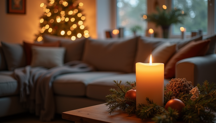 Eye-level view of a cozy living room with a lit candle on a table beside holiday decorations