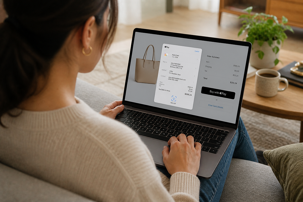 Woman purchasing luxury handbag via apple pay from her computer