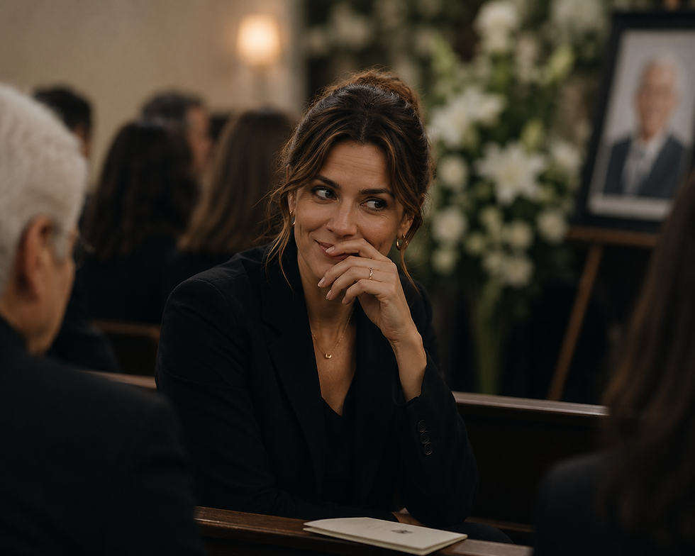 A woman laughing at a funeral