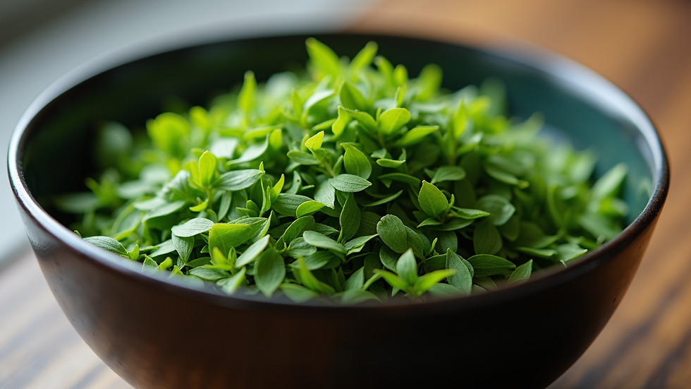 Close-up view of bright green Sencha tea leaves in a traditional Japanese tea bowl