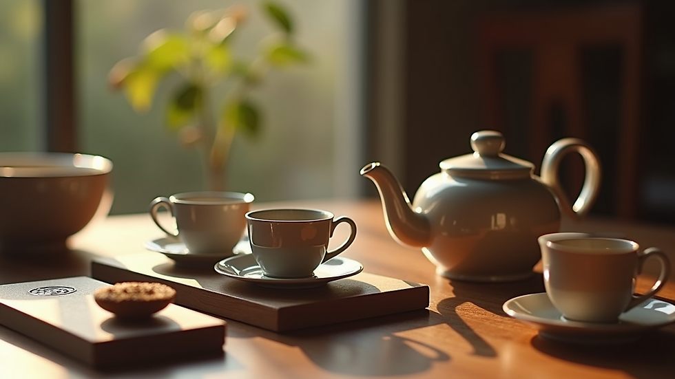Eye-level view of a luxury tea set with teapot and cups on a wooden table