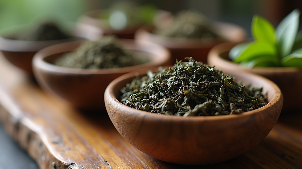 Close-up view of assorted tea leaves in wooden bowls