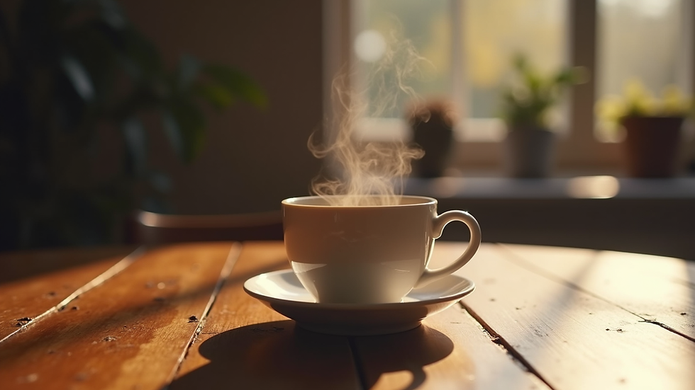 Close-up view of a steaming cup of Earl Grey tea on a wooden table