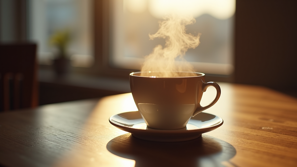 Eye-level view of a steaming cup of tea on a wooden table