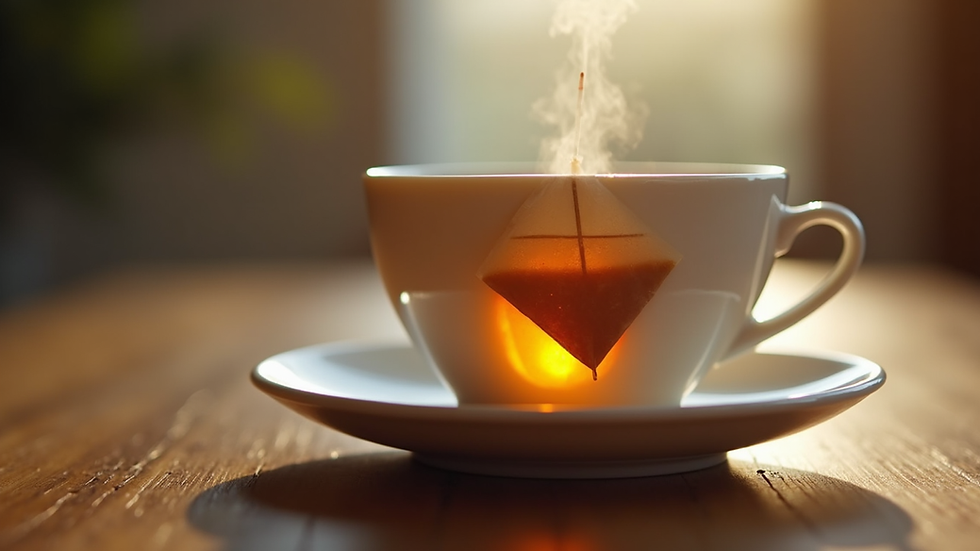 Eye-level view of a cup of tea with a pyramid tea bag steeping inside