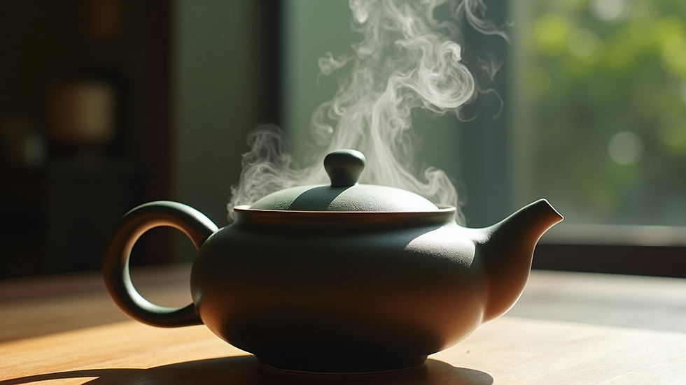 Eye-level view of a traditional Japanese kyusu teapot with steaming Sencha tea