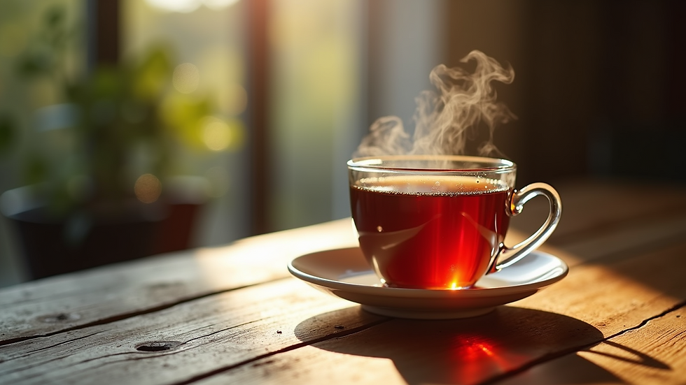 Close-up view of a steaming cup of black tea on a wooden table