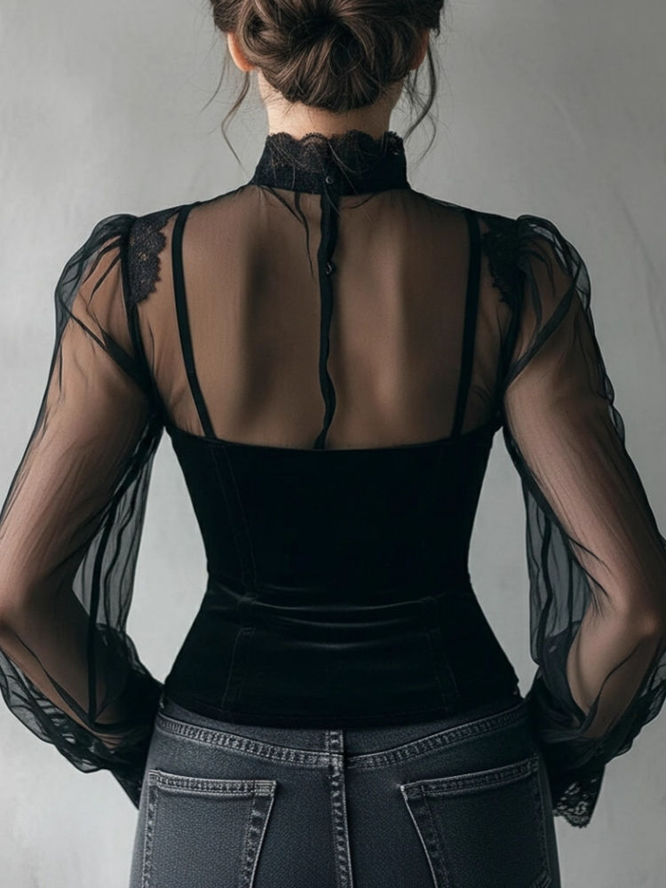 Thumbnail: HELENA blouse with lace and velvet patchwork