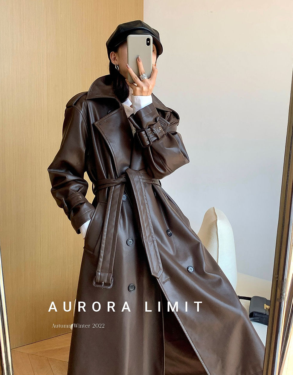 Thumbnail: Long, loose-fitting PU leather trench coat