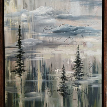 Peaceful evergreen tree painting with water reflections with layered script showing underlying tension