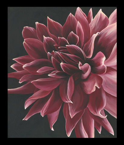 Beautiful modern flower painting of deep red dahlia. Fine art by Teascarlet.