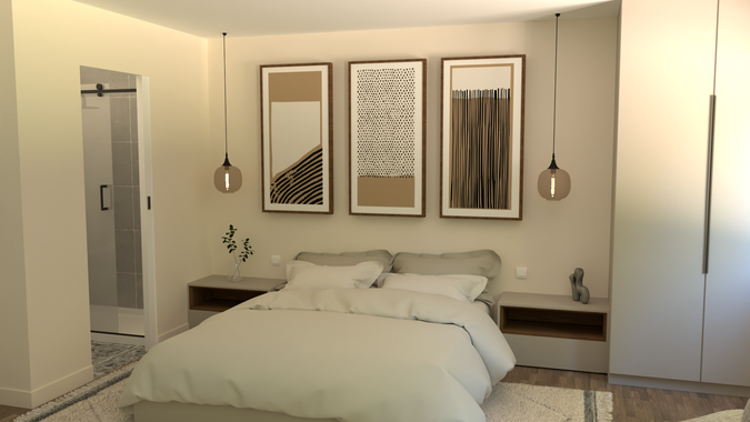 Chambre parentale minimaliste dans des teintes beiges.