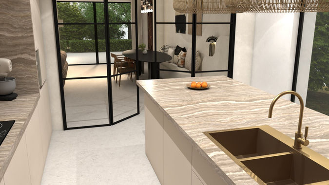 Ilôt central de cuisine moderne avec coin repas intégré, décoration d'intérieur en Saône et Loire, Bourgogne