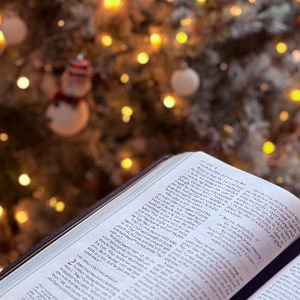 A cozy scene with an open Bible and floral mug on a sofa, set against a background of blurred warm lights, evoking a peaceful mood.