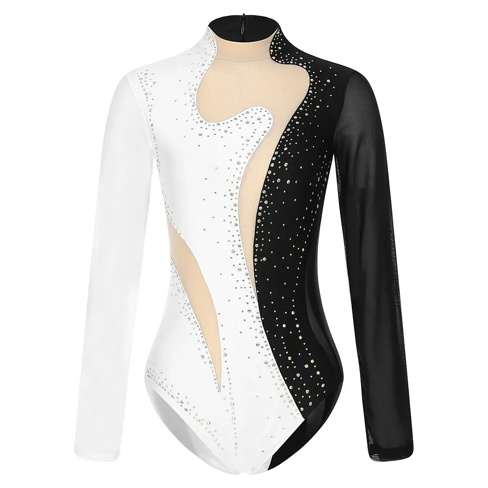 Thumbnail: Women's Two Tone Long Sleeve Gymnastics Leotard with Rhinestones and Sheer Mesh