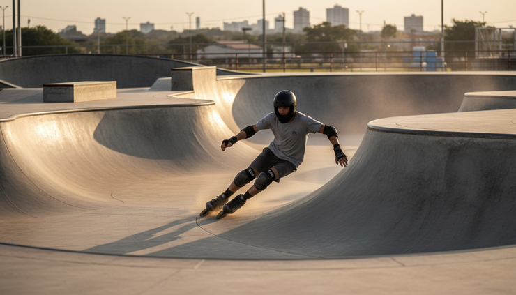 Eye-level view of an inline skater carving through a concrete park bowl.