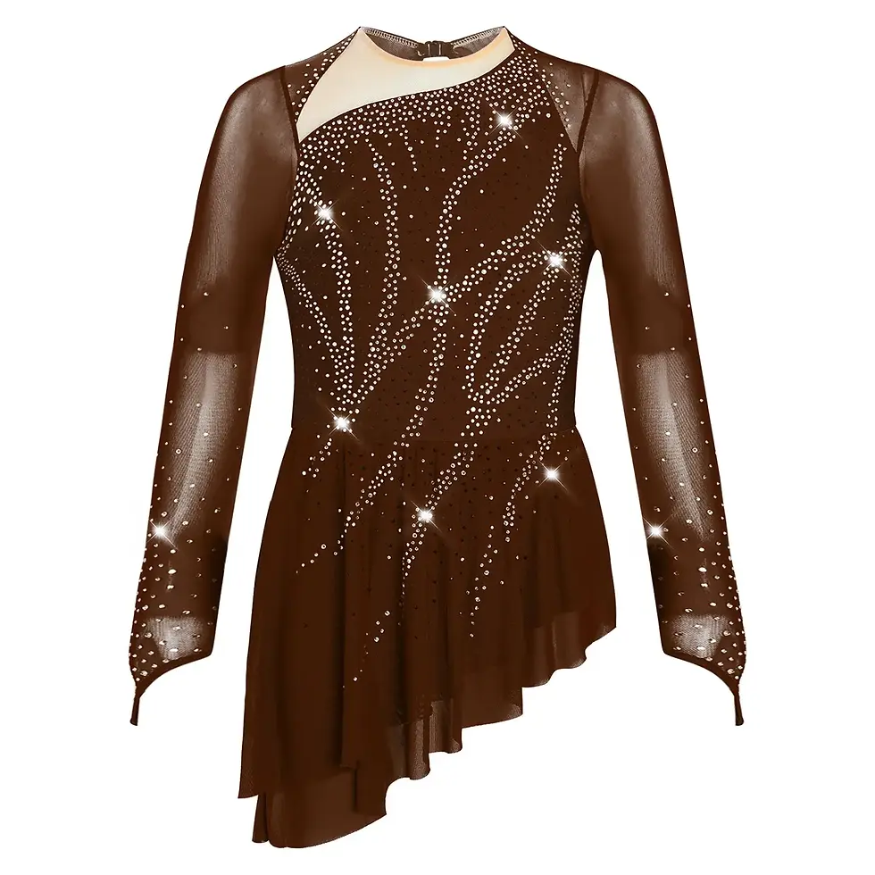 Thumbnail: Girls Mock Neck Long Sleeves Figure Skating Dress with Rhinestones