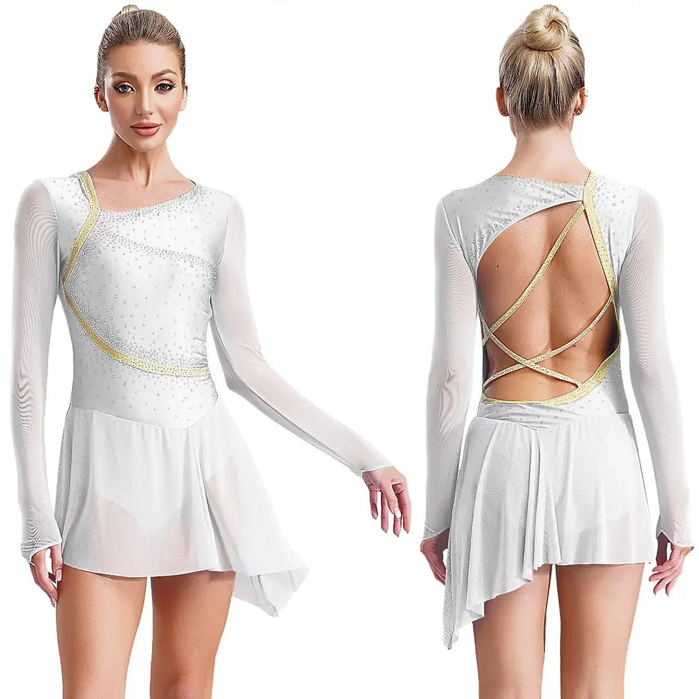 Thumbnail: Women's Long Sleeve Skating Dress with Rhinestones and Asymmetrical Tulle Skirt