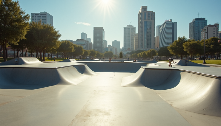 Eye-level view of a modern skatepark in Sao Paulo with ramps and rails ready for competition