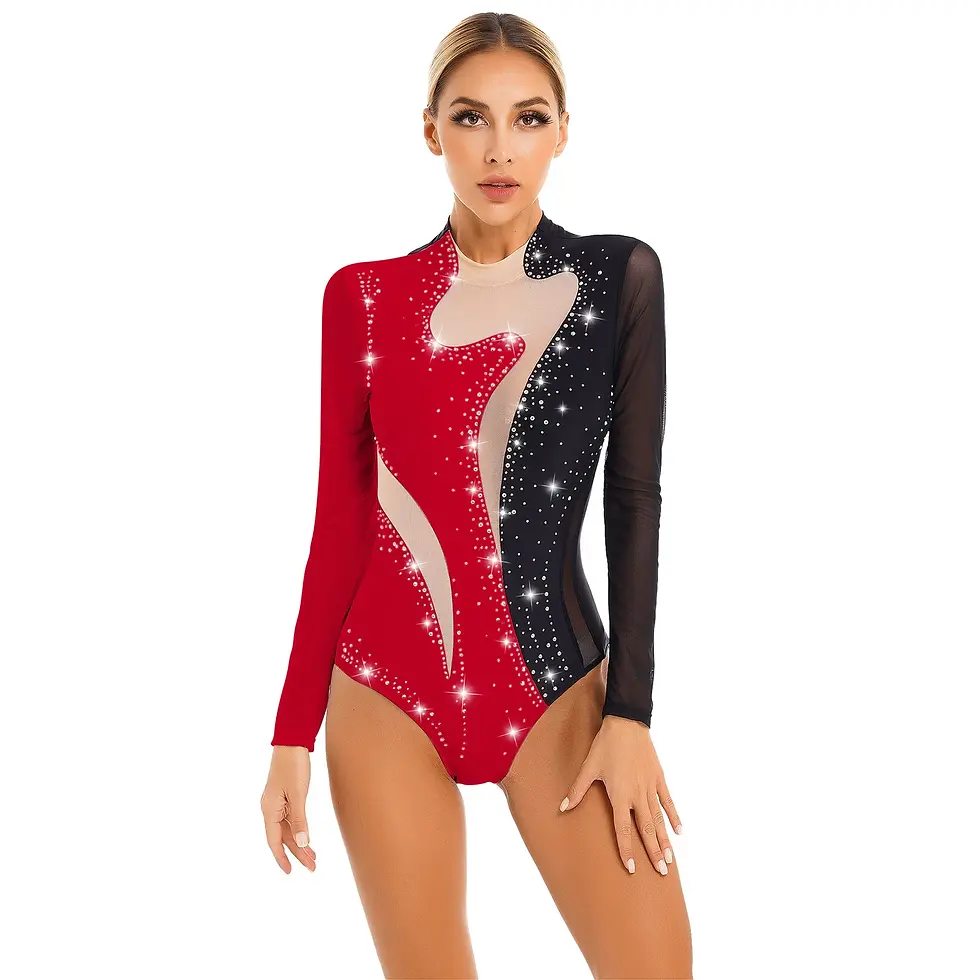 Thumbnail: Women's Two Tone Long Sleeve Gymnastics Leotard with Rhinestones and Sheer Mesh