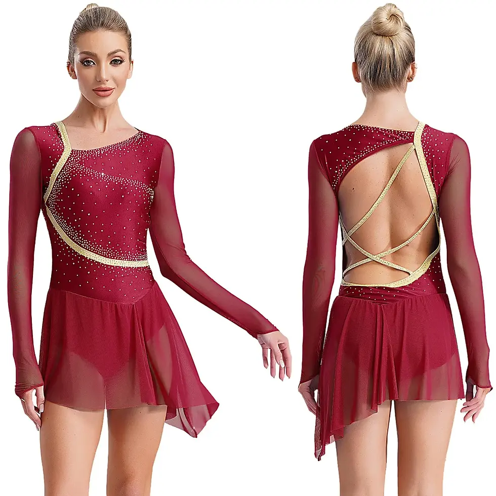 Thumbnail: Women's Long Sleeve Skating Dress with Rhinestones and Asymmetrical Tulle Skirt