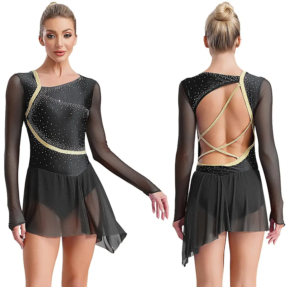 Thumbnail: Women's Long Sleeve Skating Dress with Rhinestones and Asymmetrical Tulle Skirt