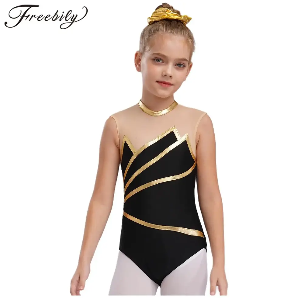 Thumbnail: Girls Metallic Striped Sleeveless Gymnastics, Dance or Skating Leotard
