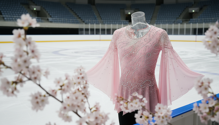 Eye-level view of a rose pink figure skating costume with flowing sleeves displayed near fresh cherry blossoms