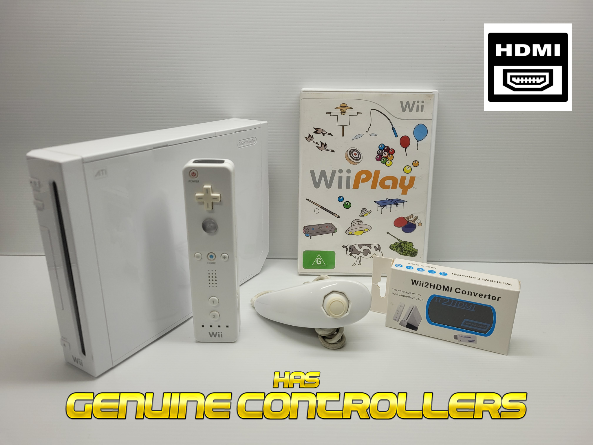 Nintendo Wii Console Bundle 1 x Genuine Wii Remote/Nunchuck + HDMI Adaptor