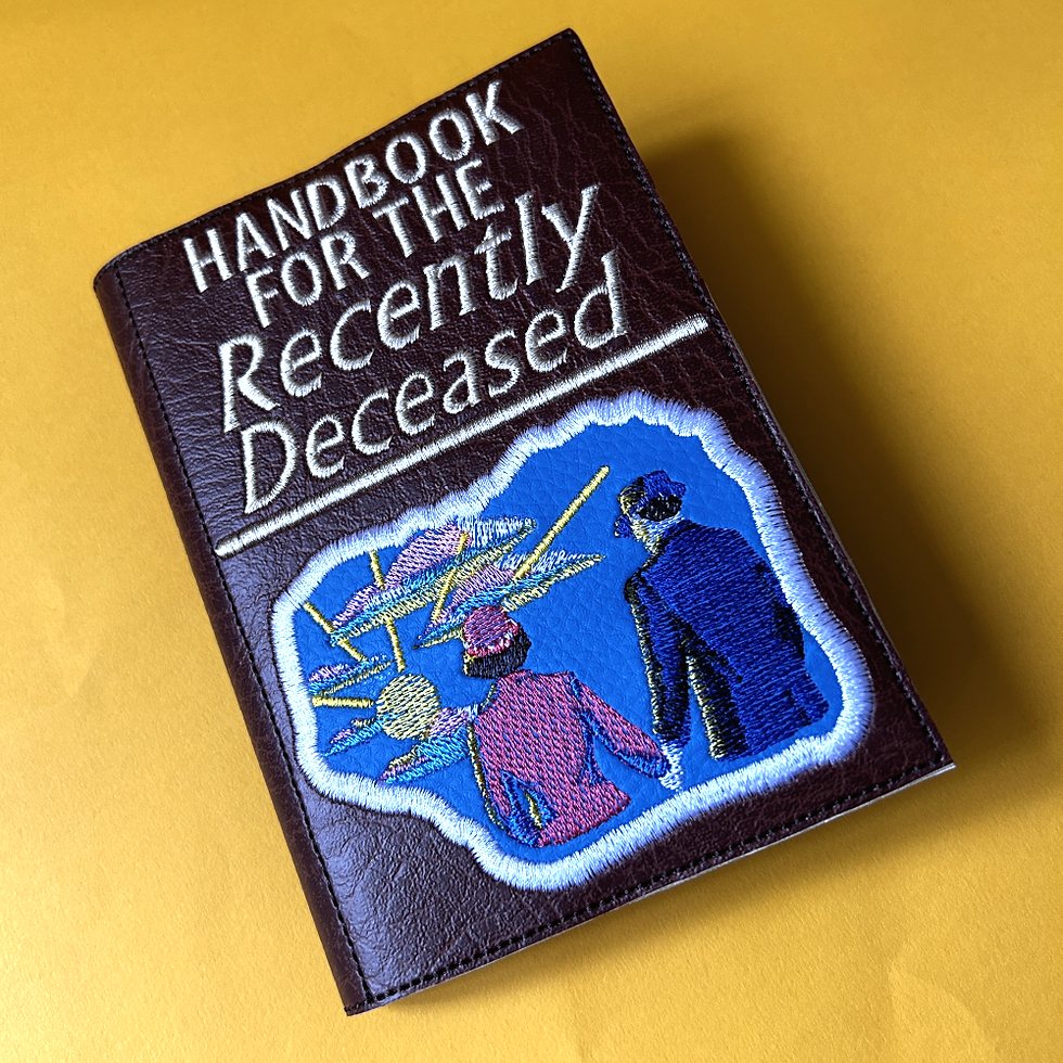 Thumbnail: Handbook for the Recently Deceased embroidered notebook inspired by Beetlejuice