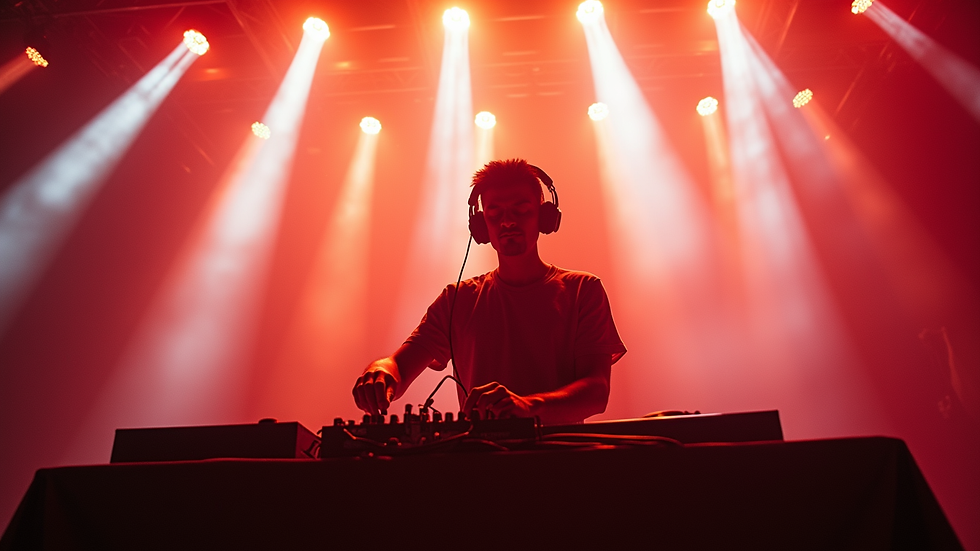 Eye-level view of DJ Phoenix Amora performing at a vibrant music festival
