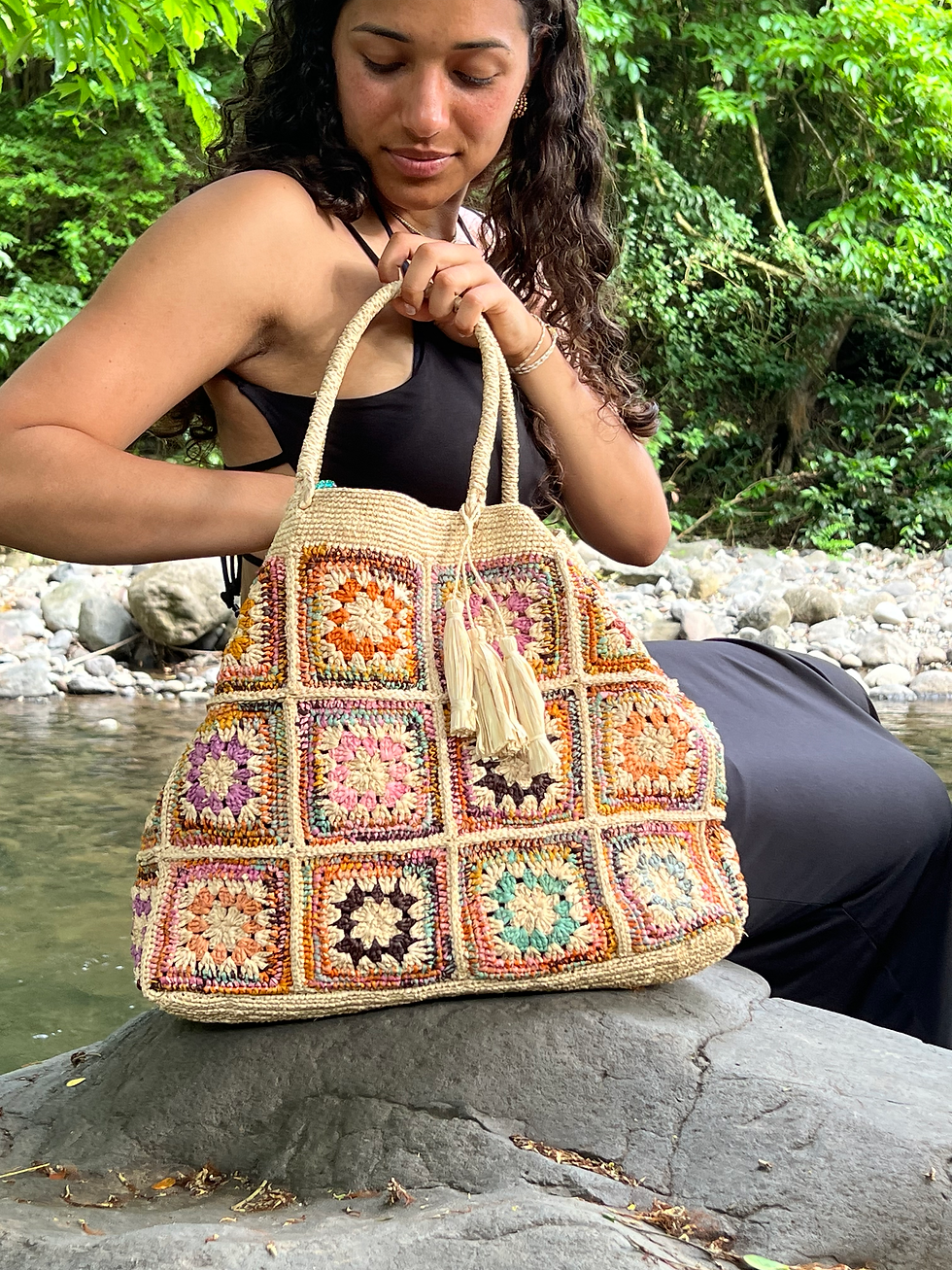 Miniature : MALETTE KARO NVL L NAT ARLEQUIN - Sac à main raphia carrés macramé fleurs croche