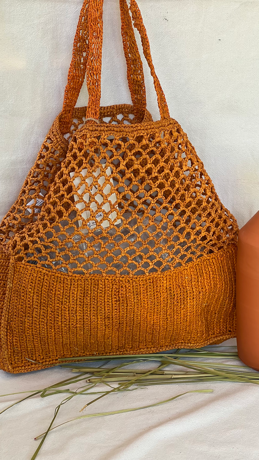 Miniature : ILDA - Cabas - Crocheté à la main -Base renforcée haut type filet - Vert citron
