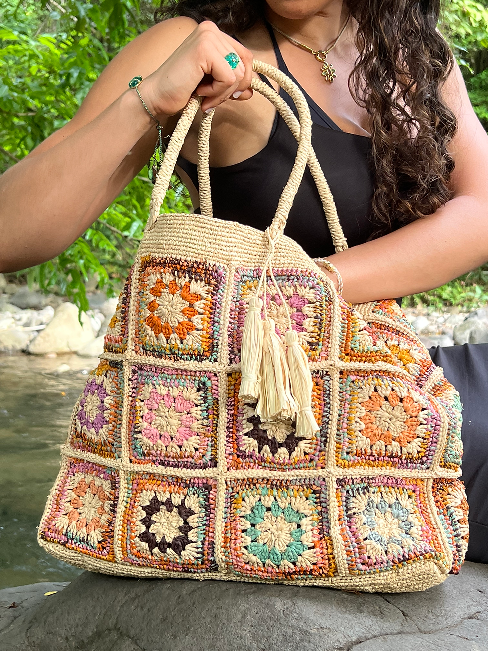 Miniature : MALETTE KARO NVL L NAT ARLEQUIN - Sac à main raphia carrés macramé fleurs croche