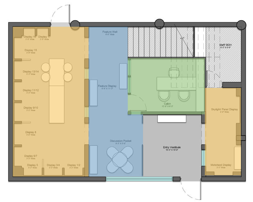 Color‑coded plan: yellow product display zone, blue feature and discussion area, green private cabin, entry vestibule in gray