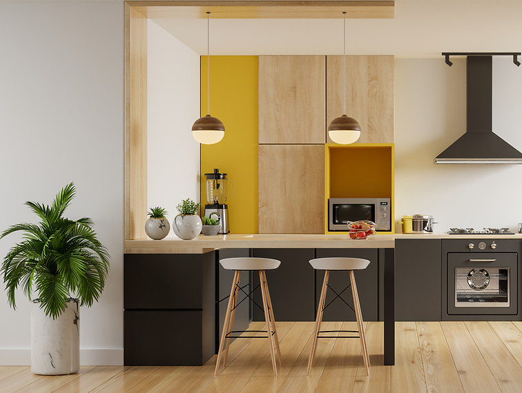 modern-kitchen-interior-with-furniture-stylish-kitchen-interior-with-yellow-wall-3d-render