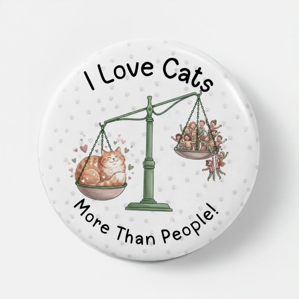 I Love Cats More Than People! Crazy Cat Lady pin badge on pink paw-print background