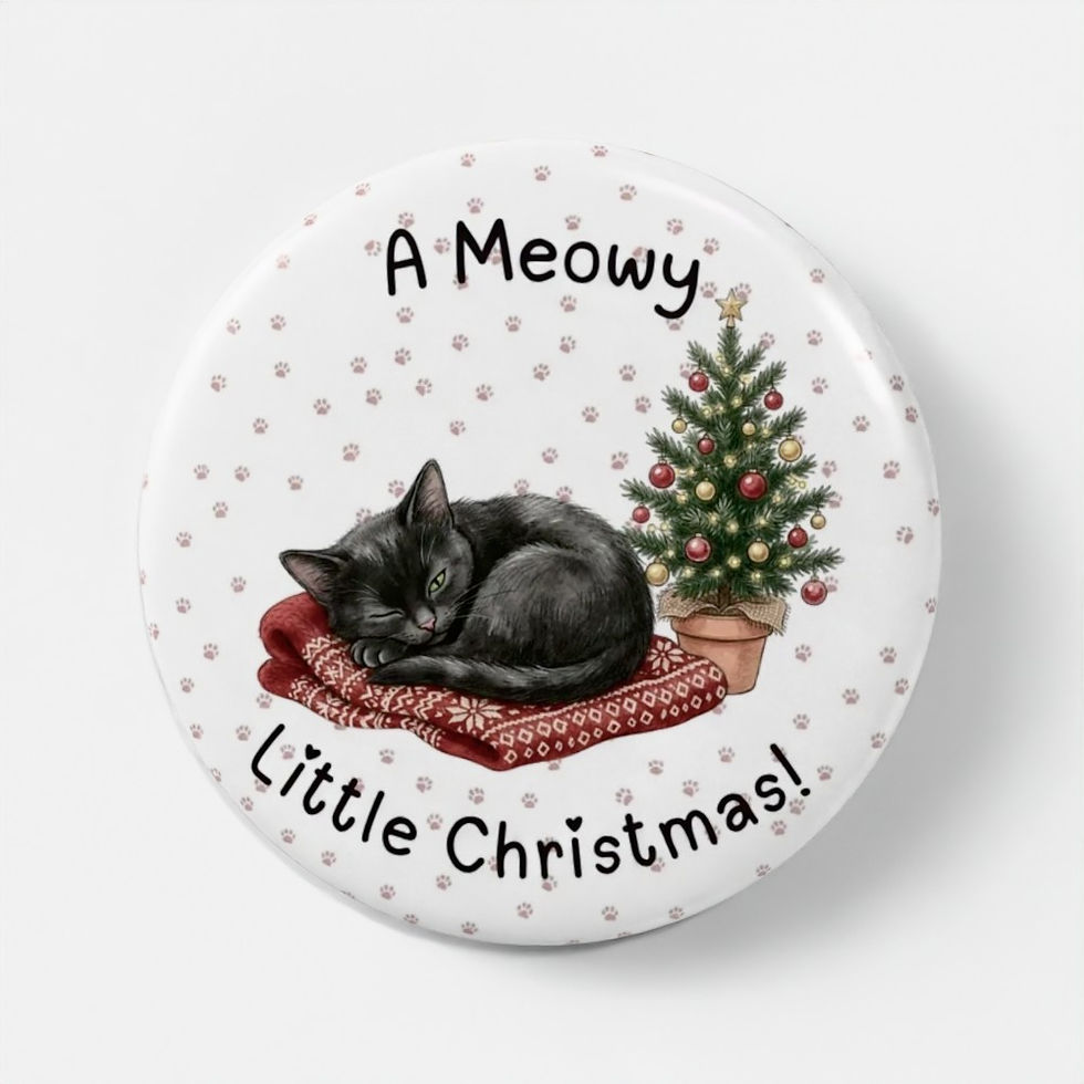 A Meowy Little Christmas! cat pin badge on red paw-print background