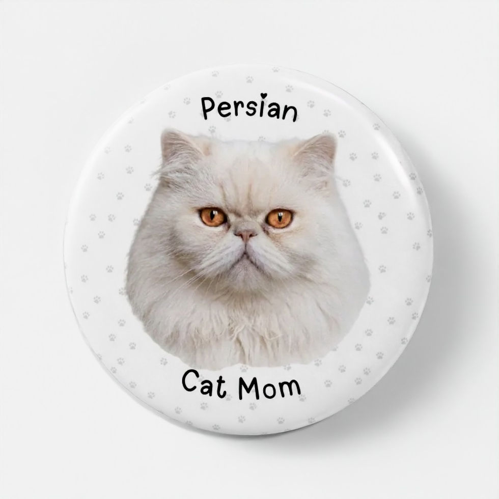Persian Cat Mom pin badge with Persian portrait on grey paw-print background