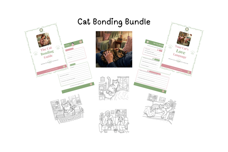 Cat Bonding Bundle collage — guide covers, journal, colouring pages, cat cuddled in lap