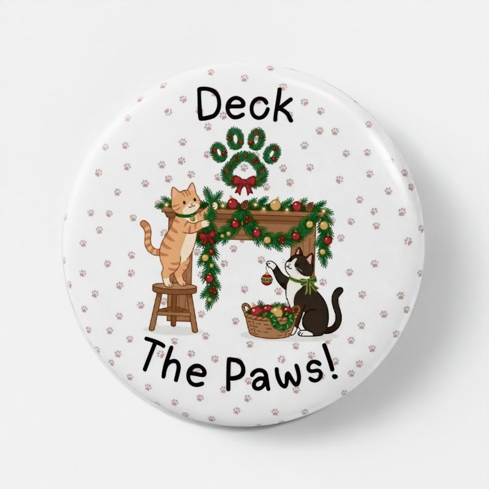 Deck The Paws! Christmas cat pin badge on red paw-print background