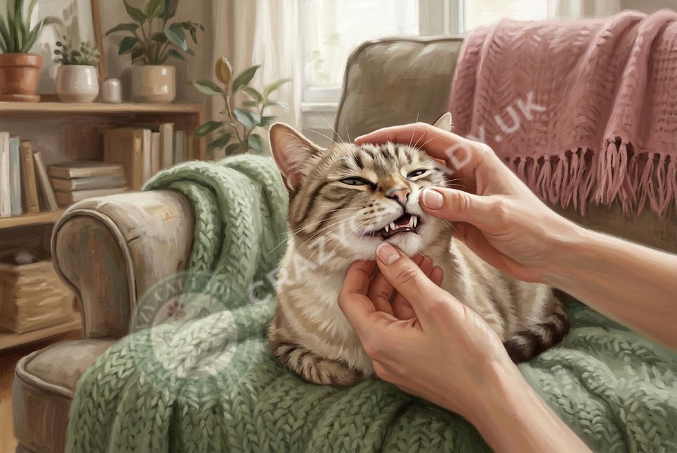 Hands gently examining a cat's teeth and mouth, calm caring moment