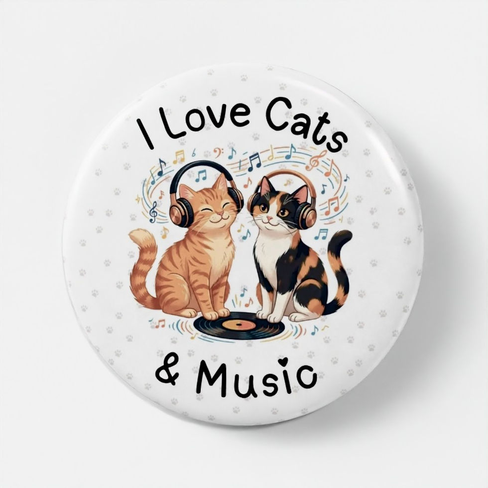I Love Cats & Music Crazy Cat Lady pin badge on pink paw-print background