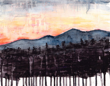 Watercolor painting of a sunset behind mountains